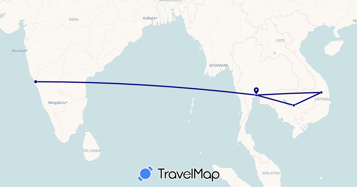 TravelMap itinerary: driving in India, Cambodia, Thailand, Vietnam (Asia)